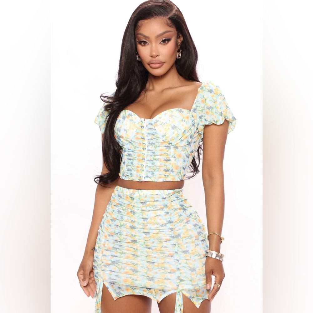 Floral mesh ruched mini skirt set